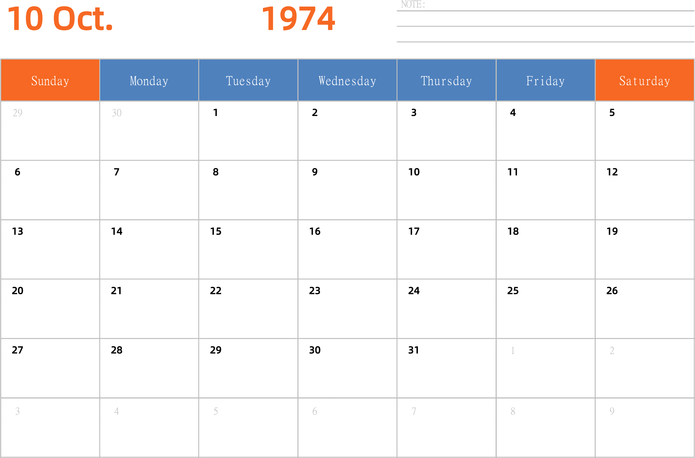 日历表1974年日历 英文版 横向排版 周日开始